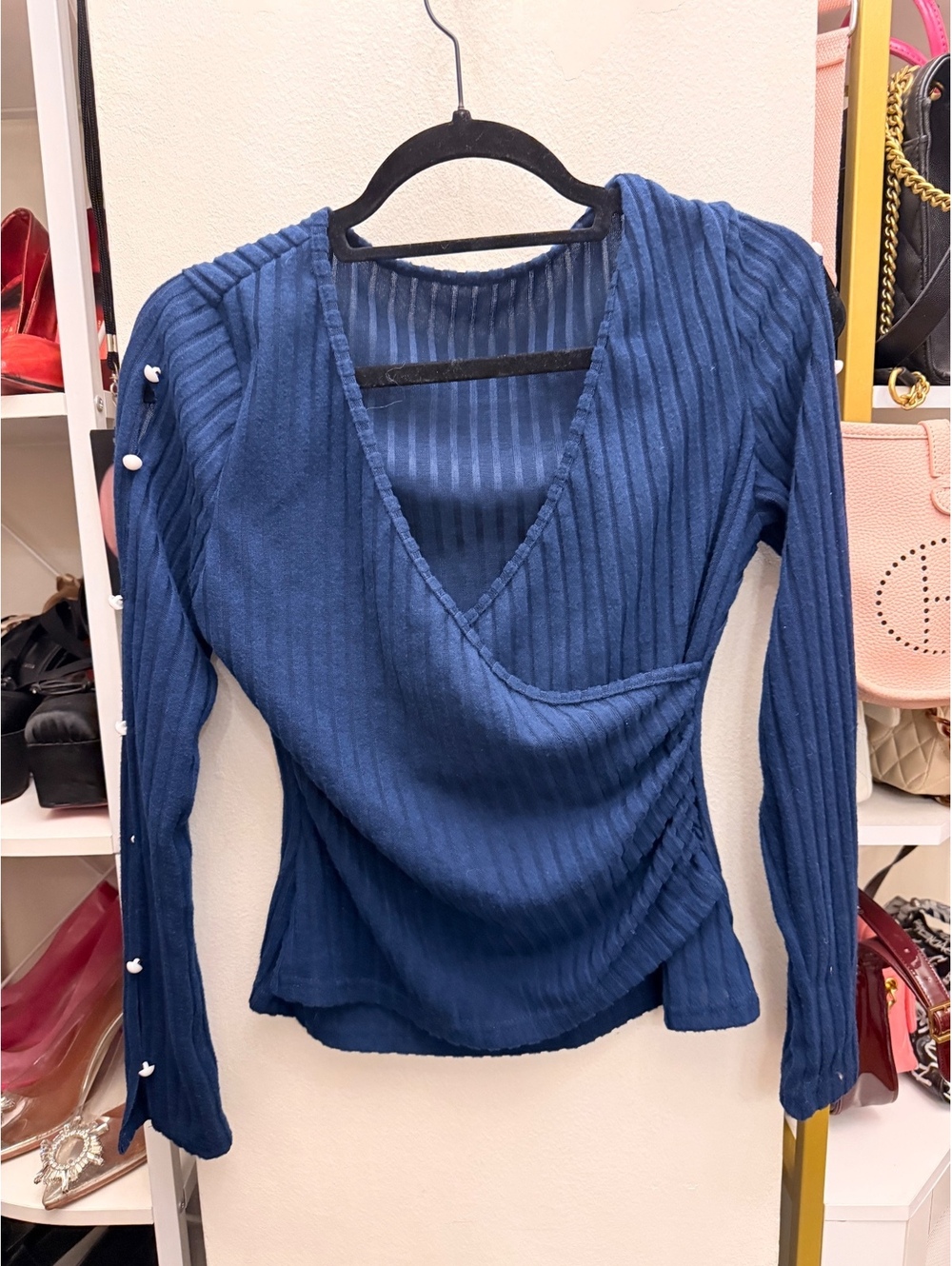 Blue Ribbed Long Sleeve V-Neck Top with Button Detail